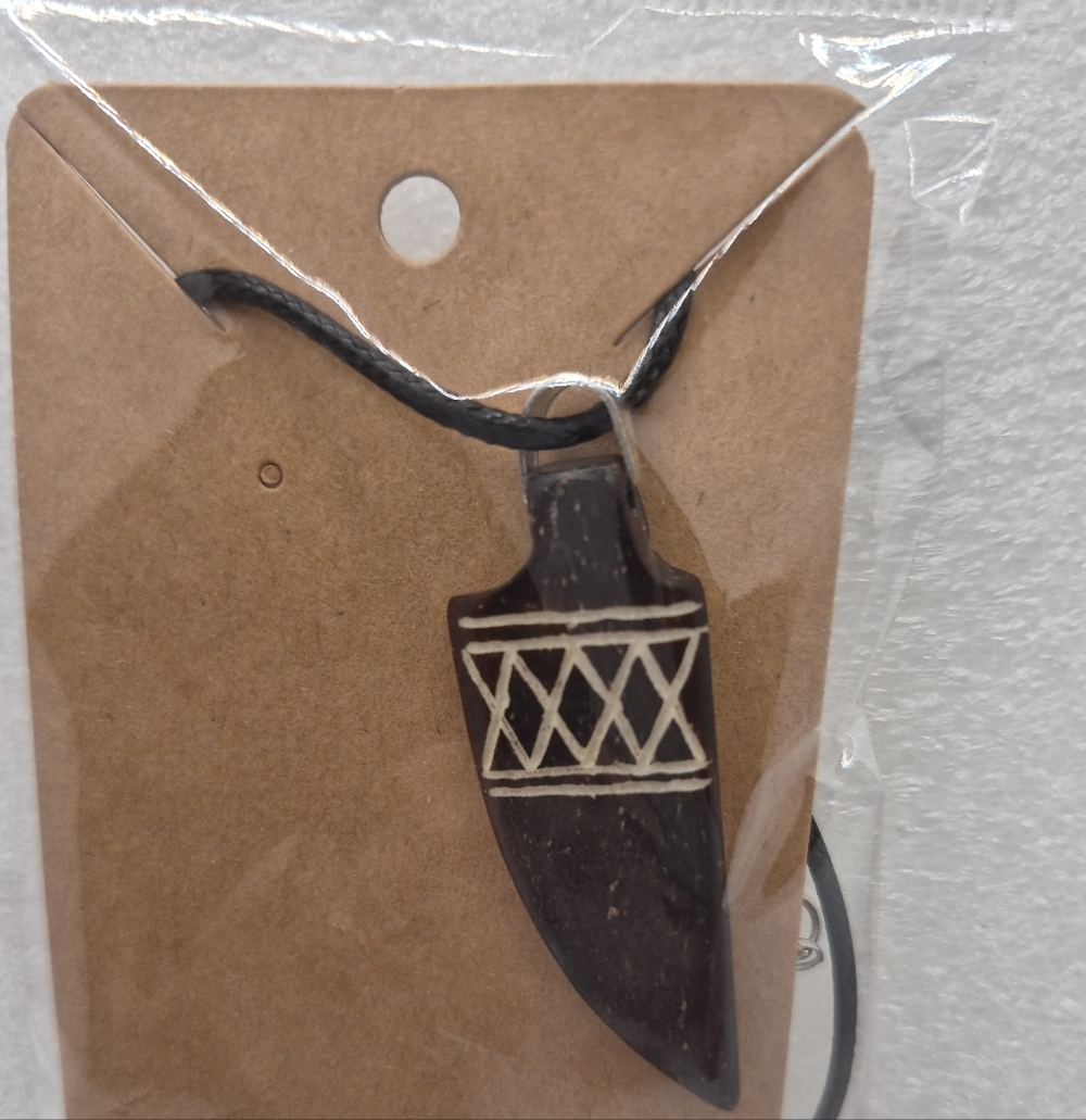 Carved Dark Wood Tribal Pendant Necklace - Black/Brown